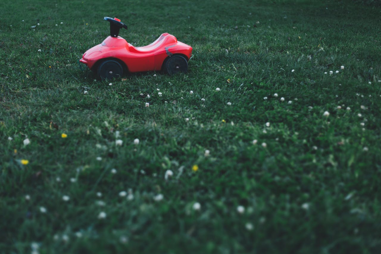 expertise-01 Red ride-on toy car sits on a lush green lawn, surrounded by tiny wildflowers.